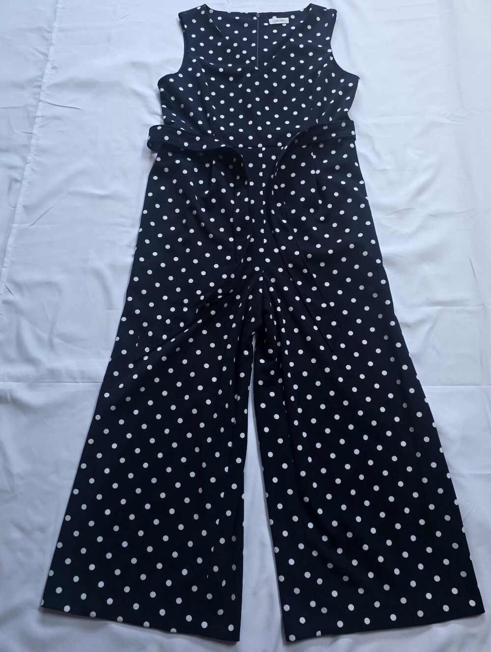 Calvin Klein Blue & White Polka Dot Wide Leg Jumpsuit Tie Belt- See Measurements